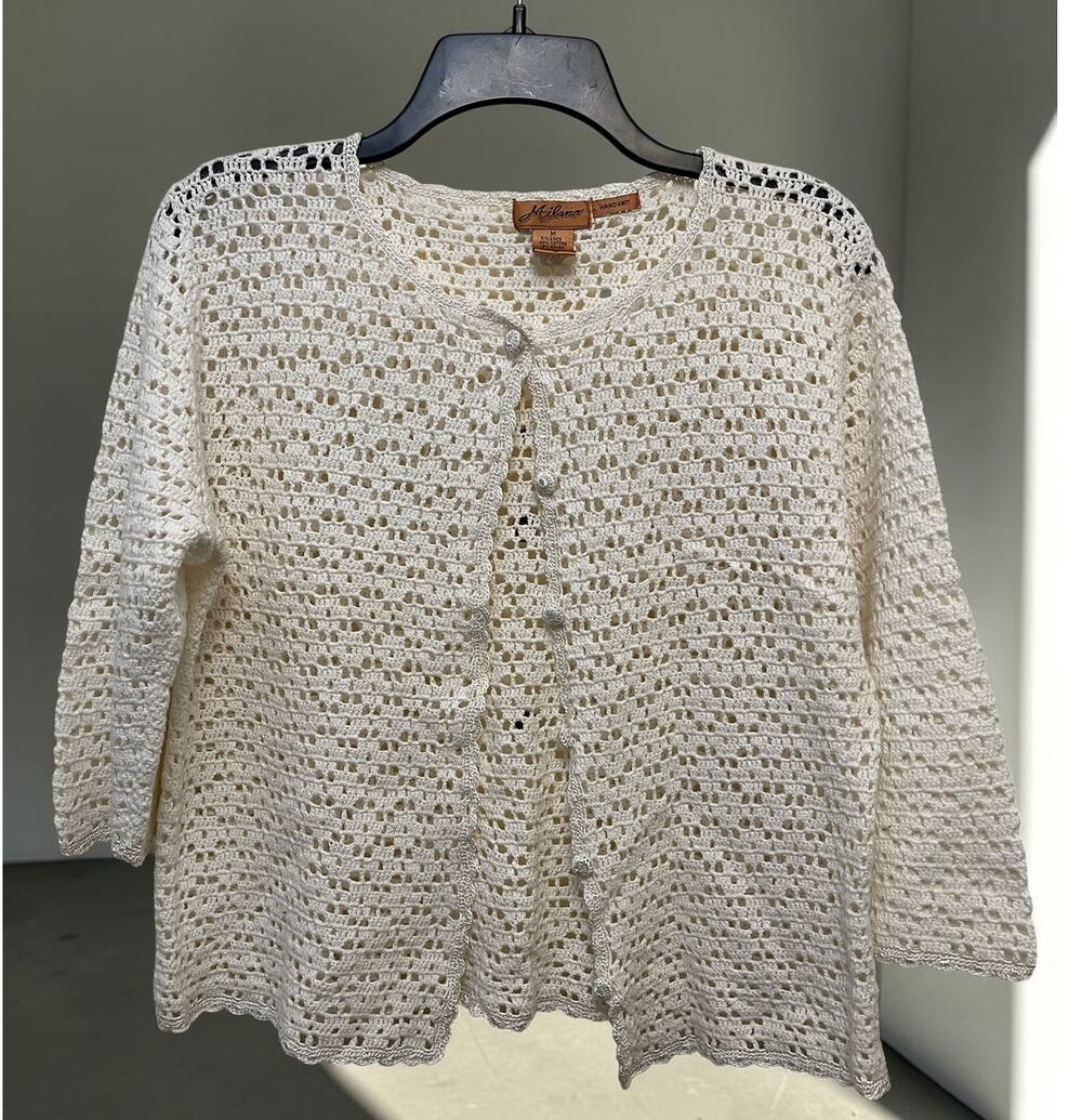 Milano White Crochet Sweater Hand Knit Size Med Cardigan Boho Indie Whimsicore